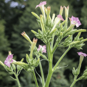 A plant with small pink flowers and green leaves outdoors.